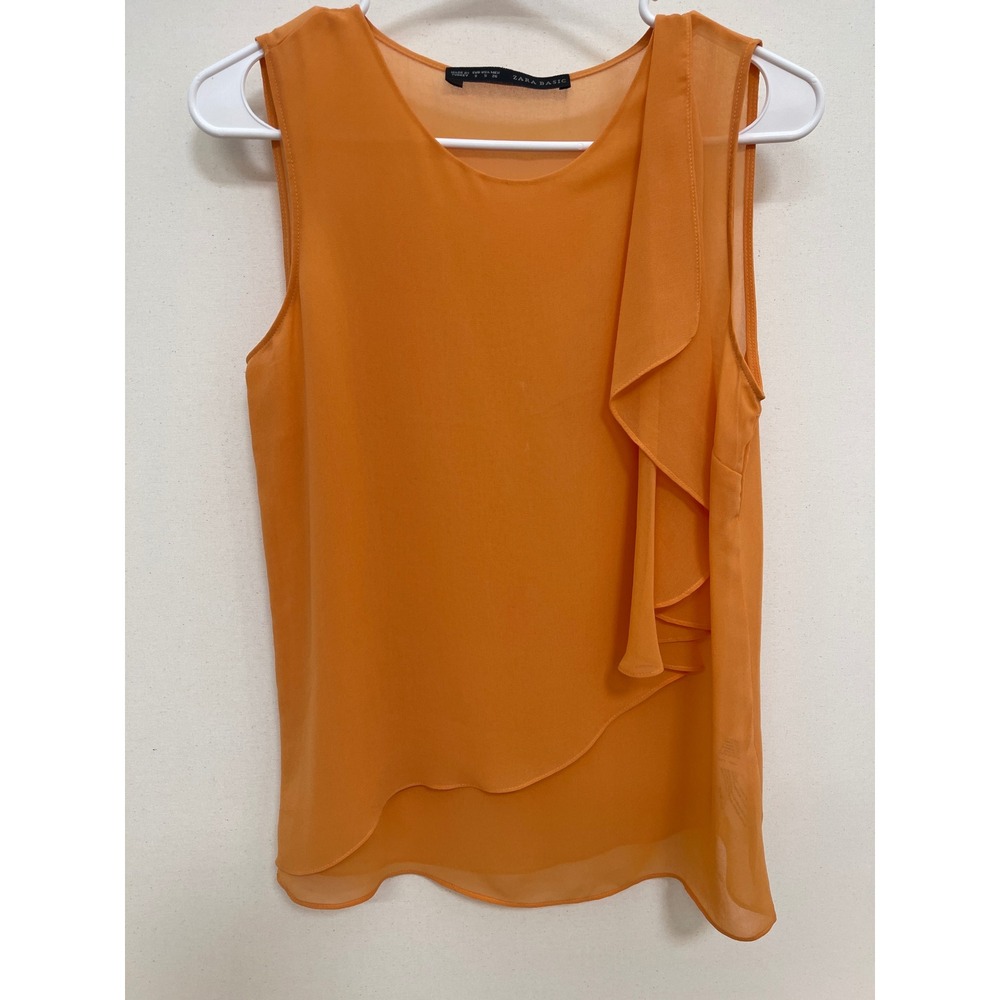 Zara Basic Orange Sleeveless Ruffle Draped Chiffon Blouse Top Small